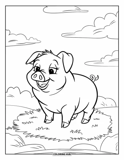 Dibujo de cerdos para colorear para niños: Un cerdo feliz de patas cortas y cola rizada de pie sobre un parche de césped