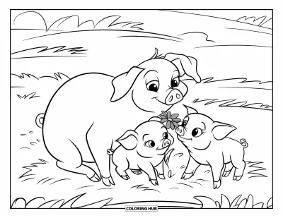 Dibujo de cerdos para colorear para niños: Una mamá cerda sostiene una flor mientras descansa con sus cerditos sobre césped suave