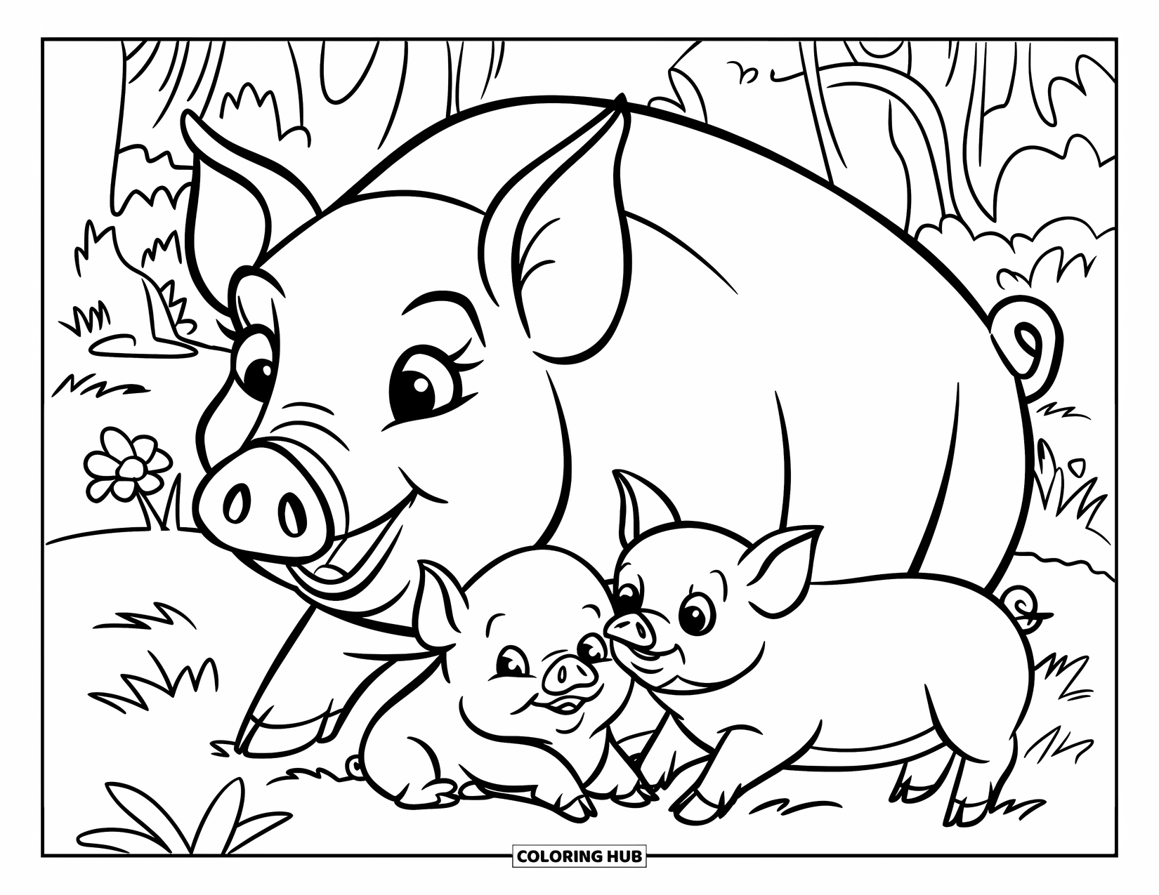 Pig Coloring Page for Kids: A mother pig snuggled with her two piglets on soft grass with flowers nearby