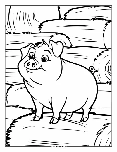 Dibujo de cerdos para colorear para niños: Un cerdo se equilibra sobre pacas de heno con expresión curiosa y las orejas levantadas