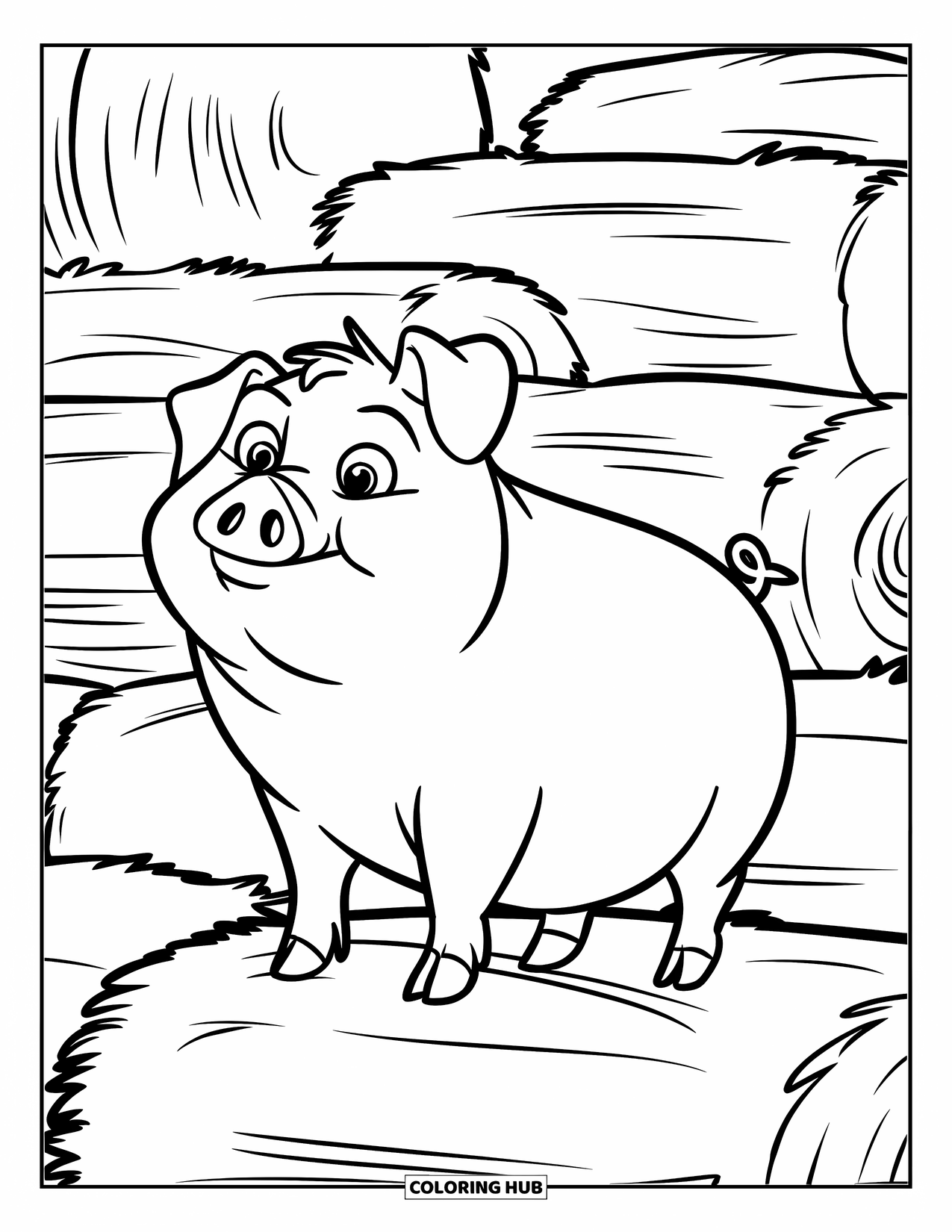 Pig Coloring Page for Kids: A pig balances on hay bales with a curious expression, ears perked up