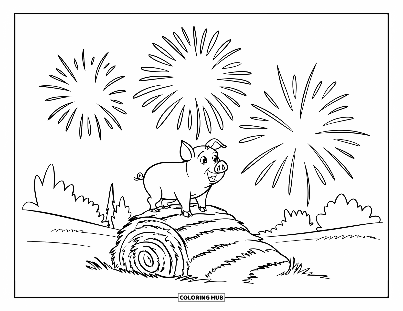 Pig Coloring Page for Kids: A pig balances on rolled-up hay while fireworks explode above a peaceful landscape
