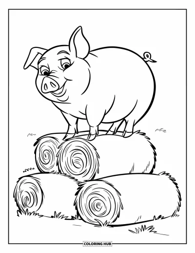 Dibujo de cerdos para colorear para niños: Un cerdo se coloca con curiosidad sobre una pila de pacas de heno en un campo abierto