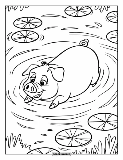 Dibujo de cerdos para colorear para niños: Un cerdo flota en un estanque con nenúfares, formando ondas en el agua calma