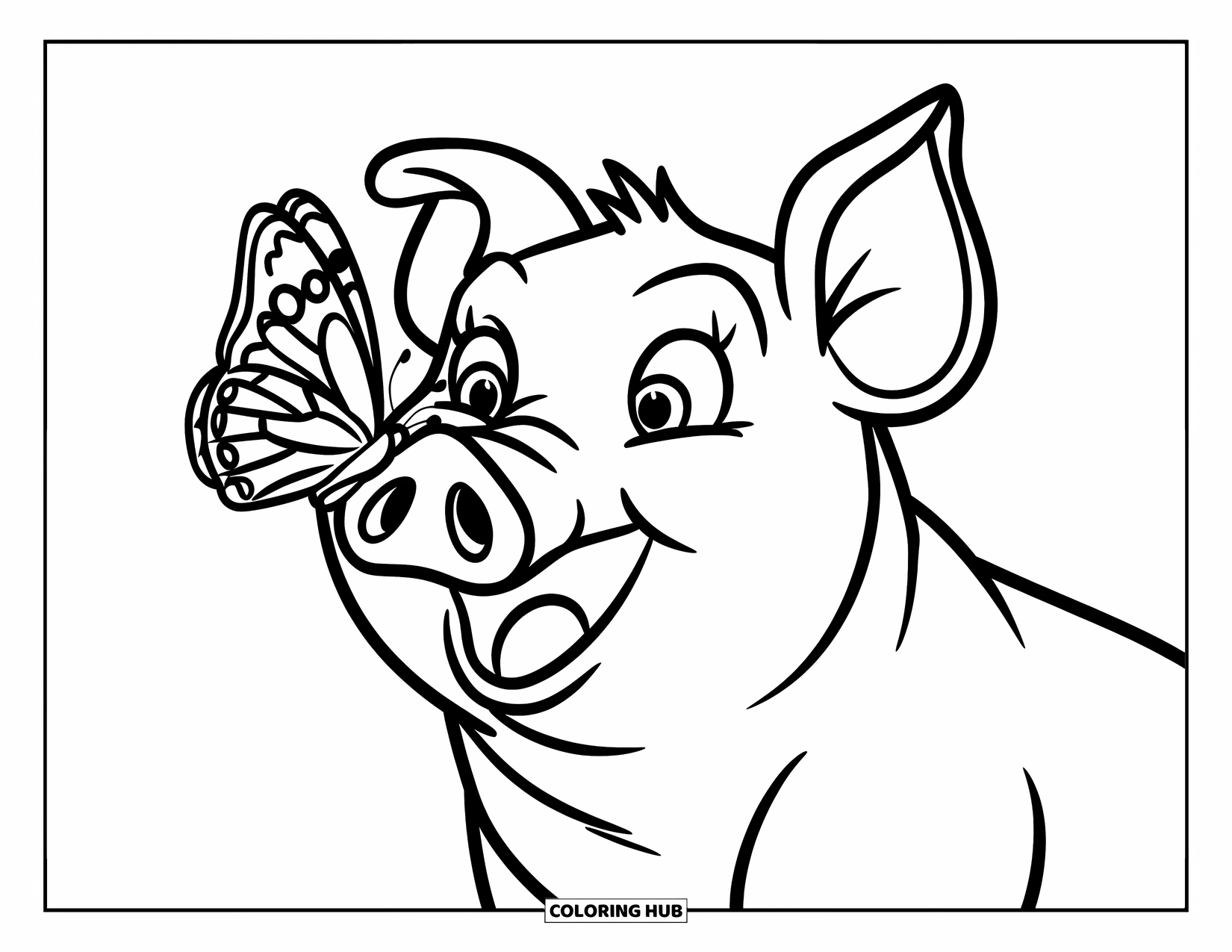 Pig Coloring Page for Kids: A pig gazes in surprise at a butterfly resting gently on its nose