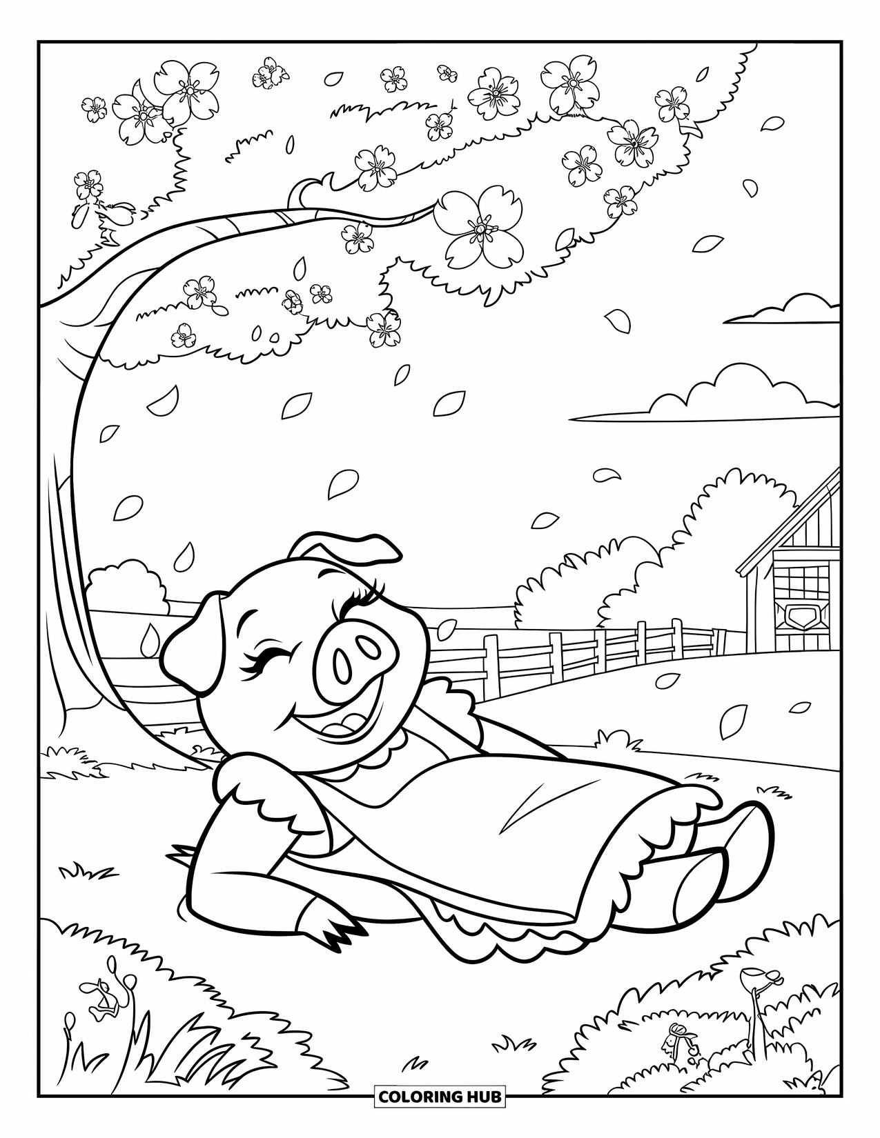 Pig Coloring Page for Kids: A pig in a dress and apron rests under a cherry blossom tree in the countryside