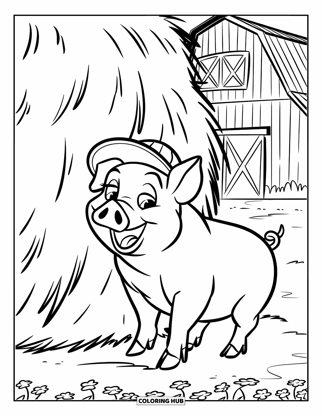 Pig Coloring Page for Kids: A pig in a green hat standing next to a haystack with a barn in the background