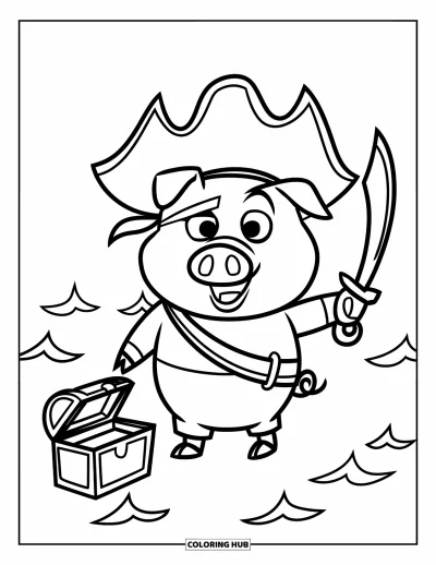Dibujo de cerdos para colorear para niños: Un cerdo con sombrero pirata y bufanda está junto a las olas, cuidando su cofre del tesoro