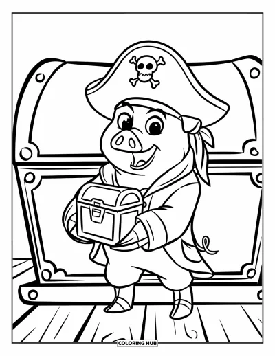 Dibujo de cerdos para colorear para niños: Un cerdo con traje pirata sostiene un pequeño cofre del tesoro sobre una tabla de madera