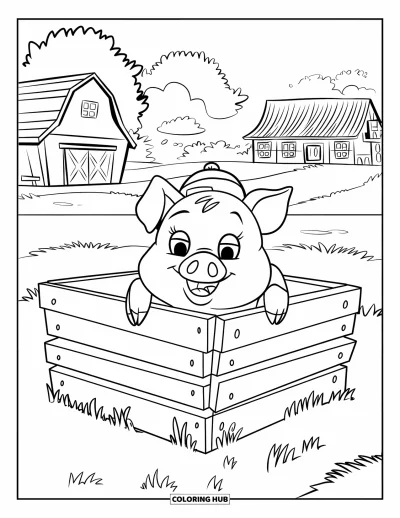 Dibujo de cerdos para colorear para niños: Un cerdo en un pequeño corral de madera con un sombrero tierno y una granja al fondo