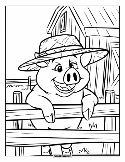 Dibujo de cerdos para colorear para niños: Un cerdo con sombrero de paja descansa junto a una cerca y sonríe a la tranquila granja