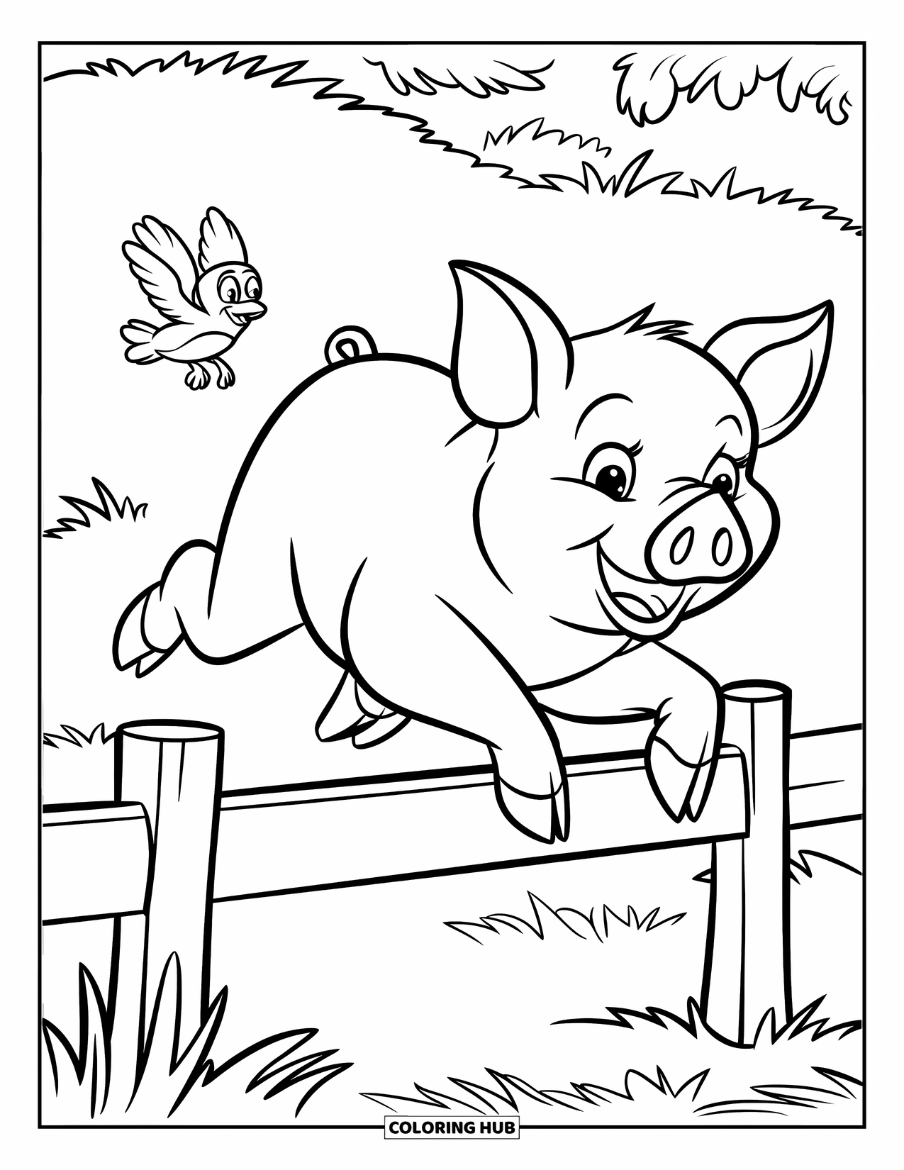 Pig Coloring Page for Kids: A pig joyfully leaps over a small wooden fence as a bird flies nearby