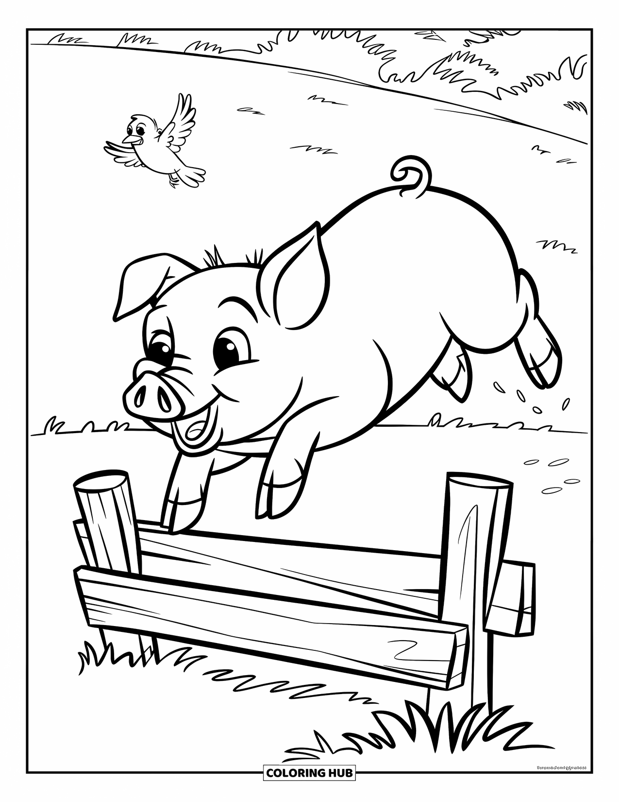 Pig Coloring Page for Kids: A pig jumps over a fence while a small bird flutters beside it