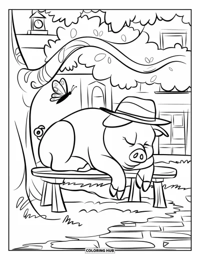 Dibujo de cerdos para colorear para niños: Un cerdo dormita bajo un árbol cerca de un banco de madera, con una torre de reloj cerca