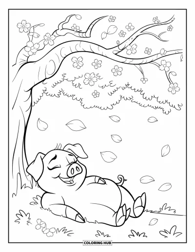 Dibujo de cerdos para colorear para niños: Un cerdo se relaja bajo un árbol de cerezos en flor mientras los pétalos flotan suavemente en el aire