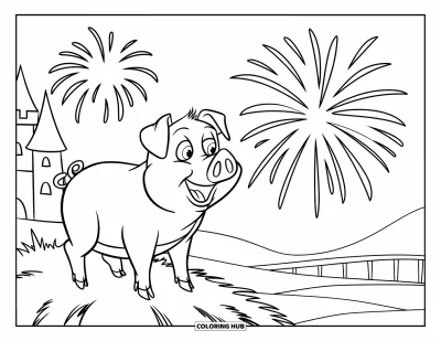 Dibujo de cerdos para colorear para niños: Un cerdo está sentado sobre un pajar y mira fuegos artificiales sobre un castillo lejano
