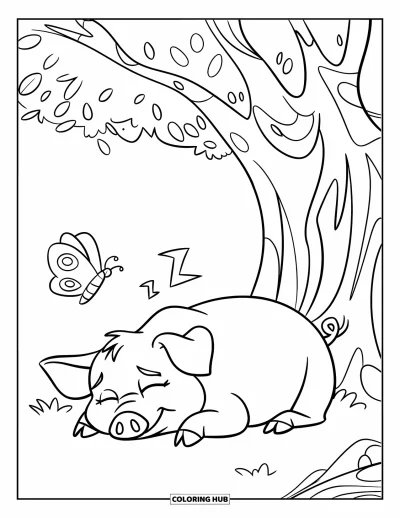 Dibujo de cerdos para colorear para niños: Un cerdo duerme bajo un árbol frondoso mientras una mariposa revolotea cerca