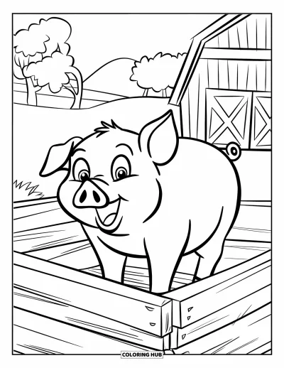 Dibujo de cerdos para colorear para niños: Un cerdo dentro de un corral de madera en una granja sencilla con árboles y granero