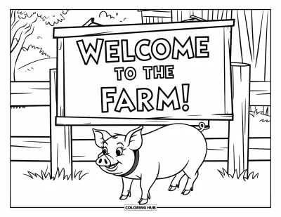 Dibujo de cerdos para colorear para niños: Un cerdo está feliz frente a un cartel de madera que dice 