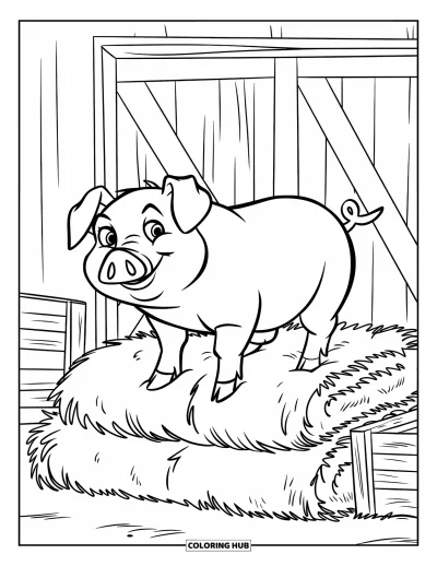 Dibujo de cerdos para colorear para niños: Un cerdo está sobre pacas de heno apiladas junto a una caja de madera y un granero