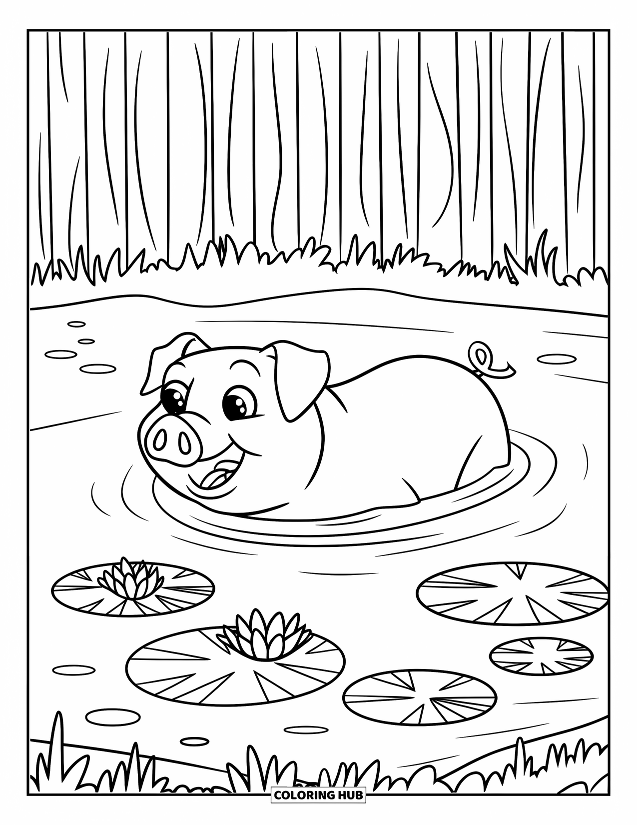 Pig Coloring Page for Kids: A pig swims in a pond near a wooden fence, enjoying the peaceful surroundings