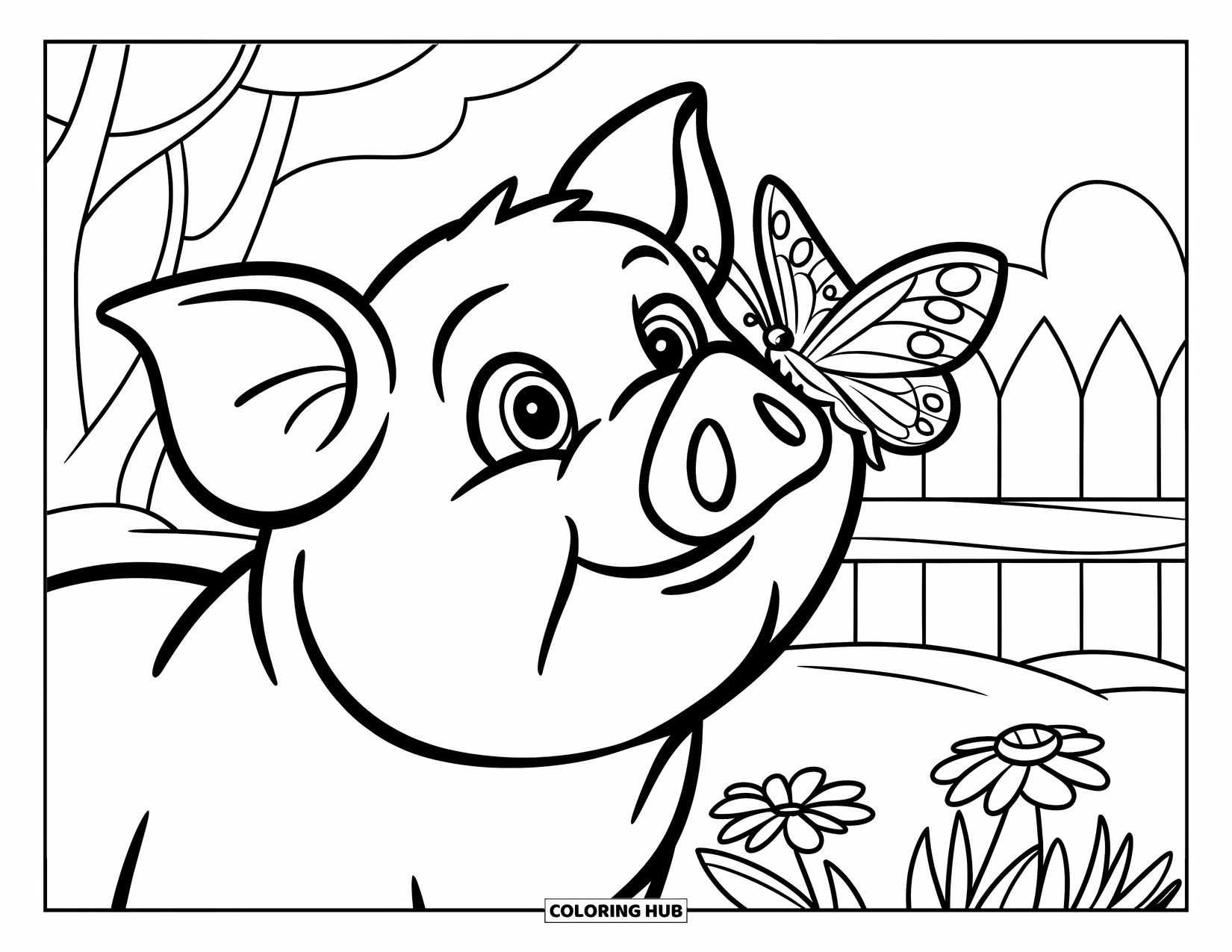 Pig Coloring Page for Kids: A pig watches a butterfly on its nose while standing near a fence and flowers