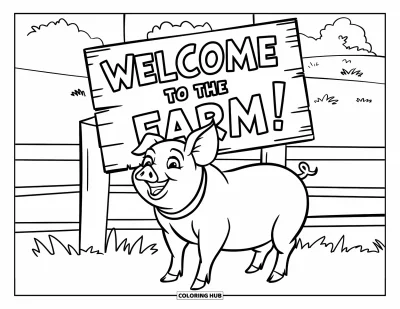 Dibujo de cerdos para colorear para niños: Un cerdo con collar sonríe frente a un cartel de granja de madera junto a una cerca