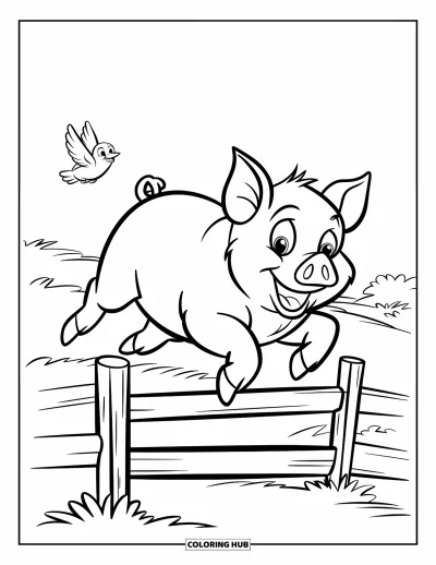 Dibujo de cerdos para colorear para niños: Un cerdo con sombrero verde salta una cerca en un campo de hierba
