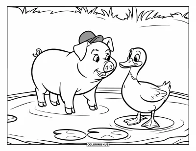 Dibujo de cerdos para colorear para niños: Un cerdo con sombrero junto a un estanque con un pato sobre un nenúfar