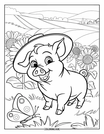Dibujo de cerdos para colorear para niños: Un cerdo con sombrero está de pie en un campo de girasoles mientras mariposas revolotean cerca