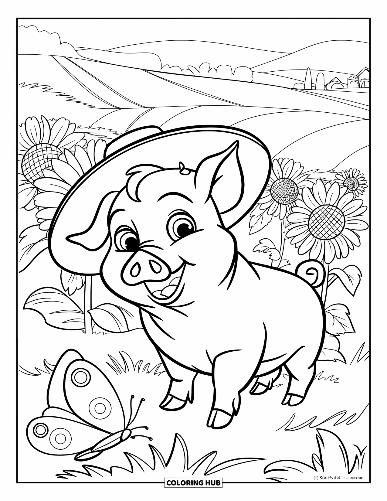 Pig Coloring Page for Kids: A pig wearing a hat stands in a sunflower field with butterflies fluttering nearby