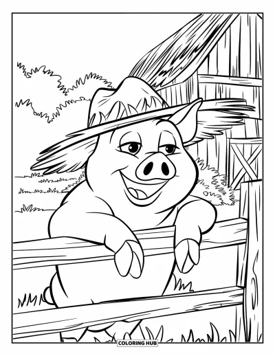 Dibujo de cerdos para colorear para niños: Un cerdo con sombrero de paja sonríe apoyado en una cerca rústica junto a un granero