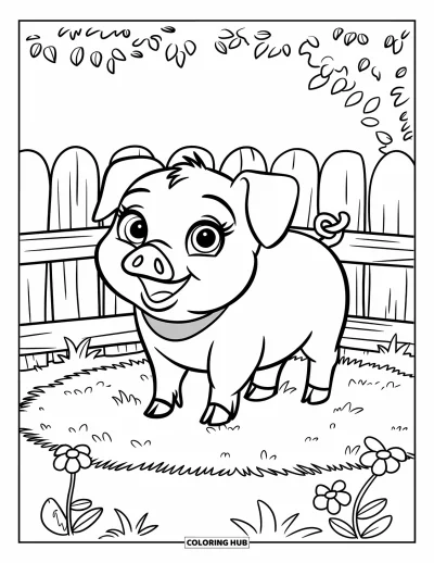 Dibujo de cerdos para colorear para niños: Un cerdo de cola rizada con collar, rodeado de flores cerca de una cerca