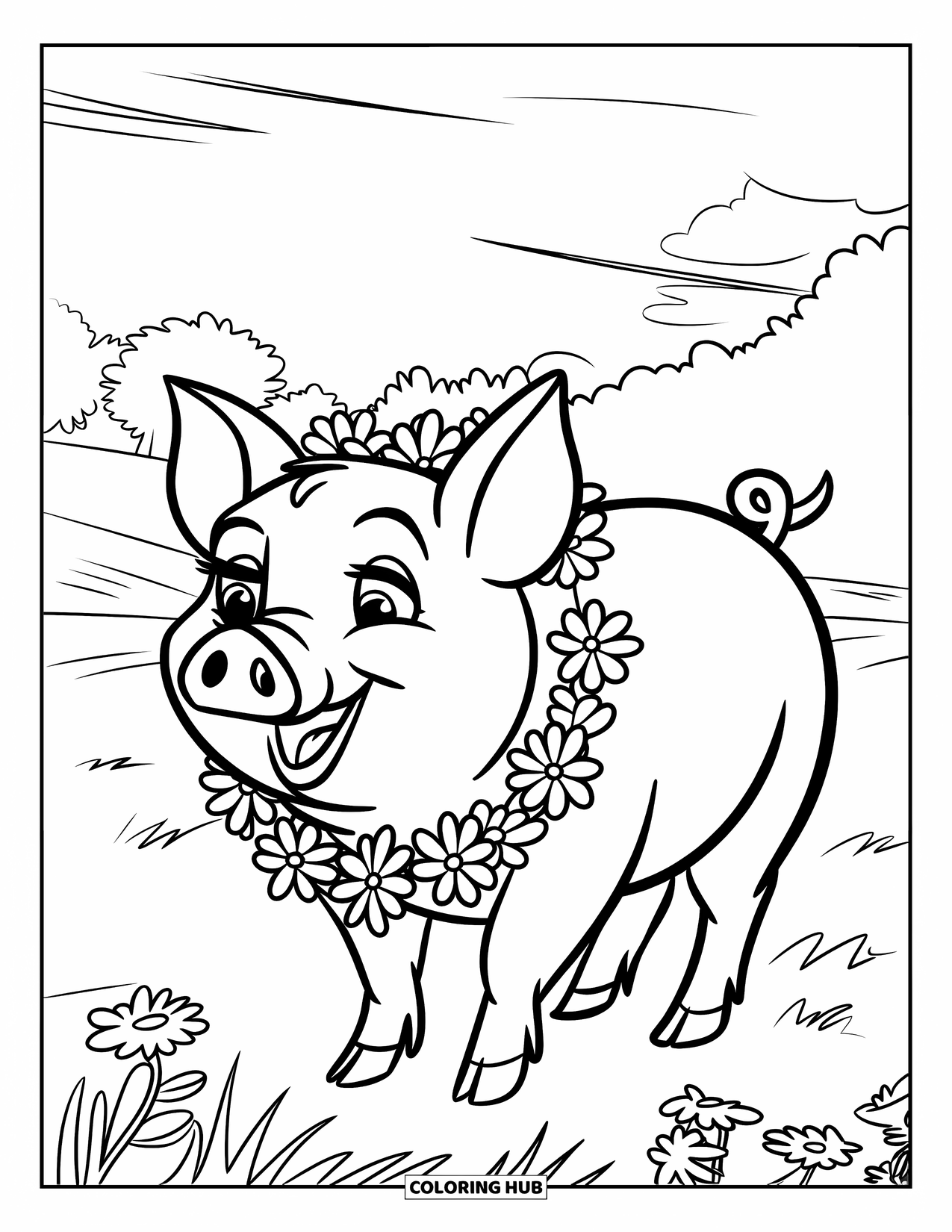 Pig Coloring Page for Kids: A pig with a flower garland around its neck stands happily in a field