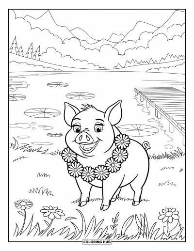Dibujo de cerdos para colorear para niños: Un cerdo con guirnalda de flores está sentado en un campo cerca de un lago y montañas