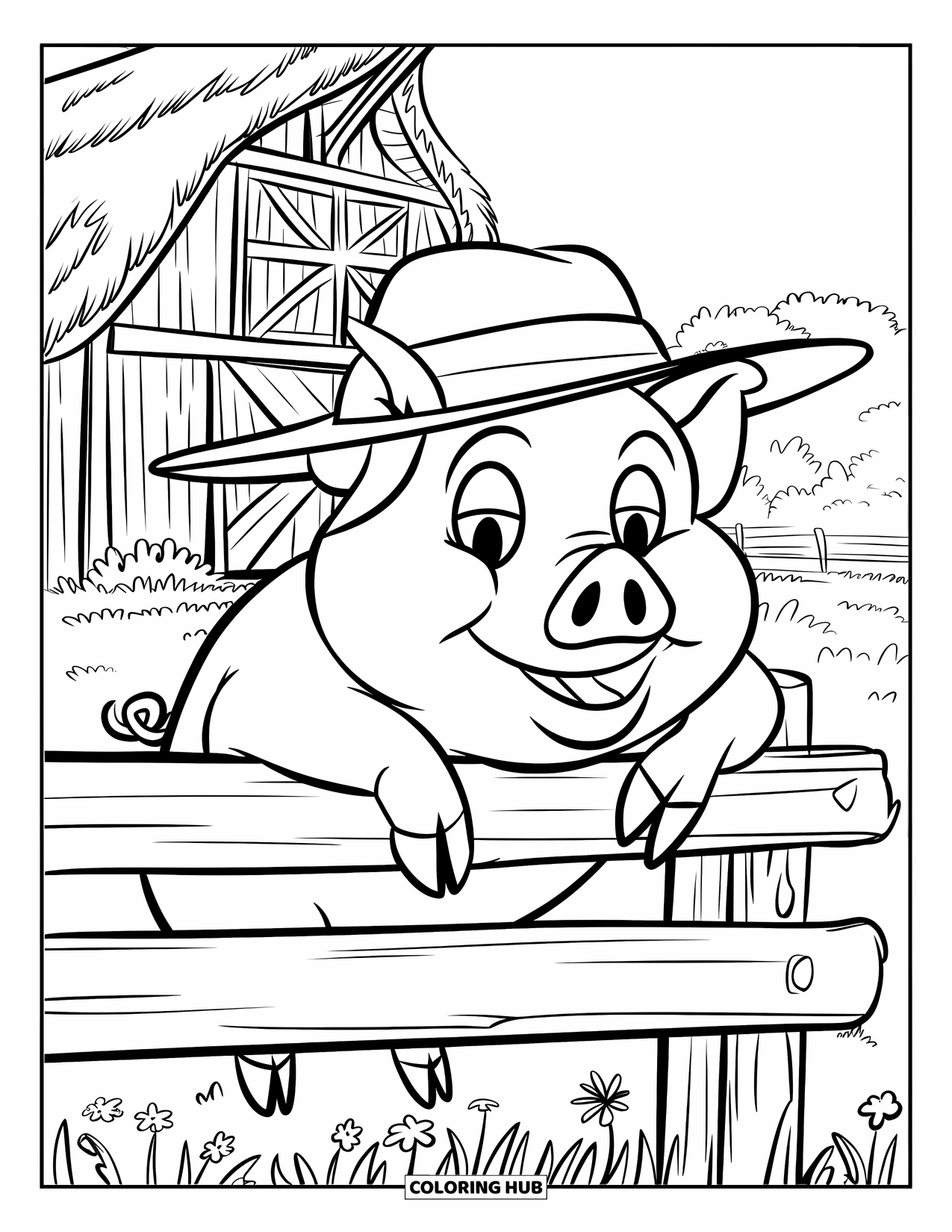 Pig Coloring Page for Kids: A pig with a straw hat leans on a wooden fence, enjoying the farm view