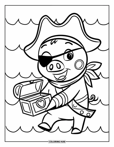 Dibujo de cerdos para colorear para niños: Un cerdo con parche en el ojo y bufanda sostiene un pequeño cofre del tesoro junto al océano