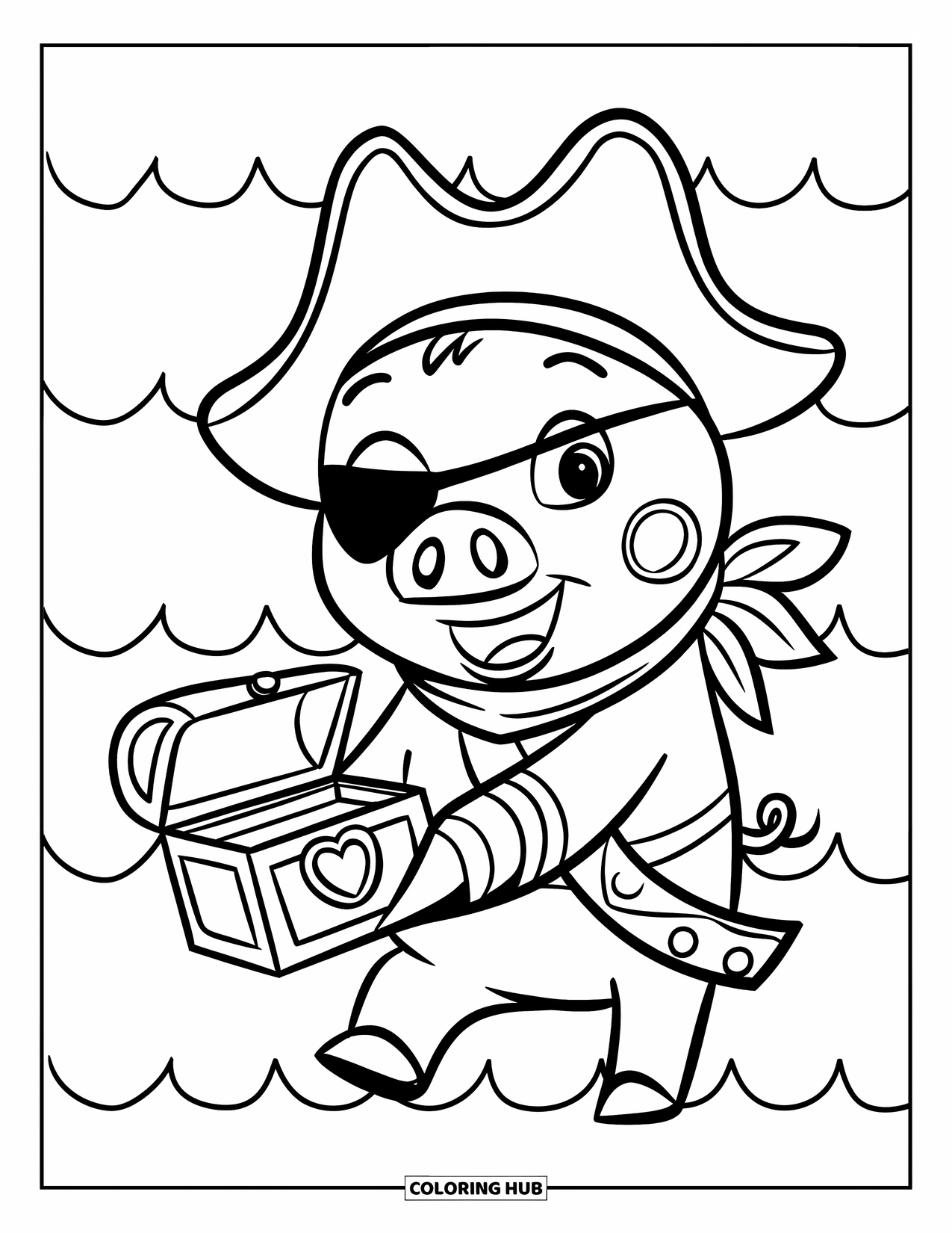 Pig Coloring Page for Kids: A pig with an eye patch and scarf holds a tiny treasure chest near the ocean