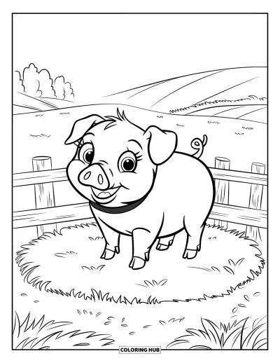 Dibujo de cerdos para colorear para niños: Un cerdo con ojos grandes y collar de pie cerca de una cerca de madera