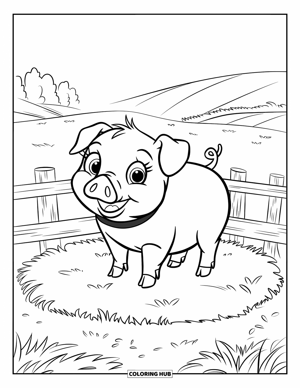 Pig Coloring Page for Kids: A pig with large eyes and a collar standing near a wooden fence