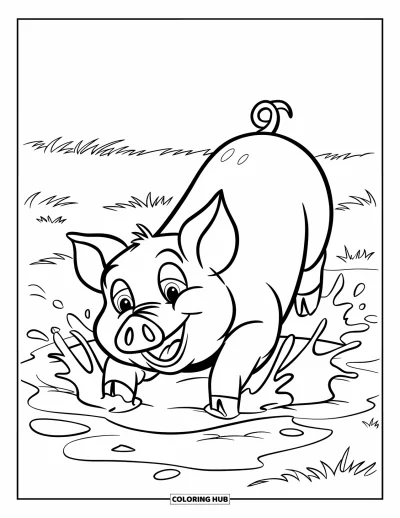 Dibujo de cerdos para colorear para niños: Un cerdo juguetón rueda feliz en un charco de barro con salpicaduras alrededor