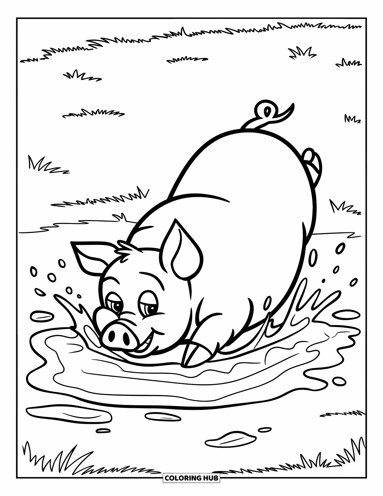 Pig Coloring Page for Kids: A round pig rolling in mud with splashes, set in a grassy field