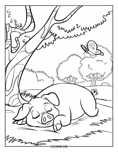 Dibujo de cerdos para colorear para niños: Un cerdo dormido bajo un árbol con una mariposa y aves al fondo
