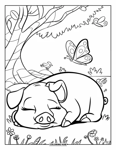 Dibujo de cerdos para colorear para niños: Un cerdo soñoliento descansa bajo un árbol frondoso con flores y aves cerca