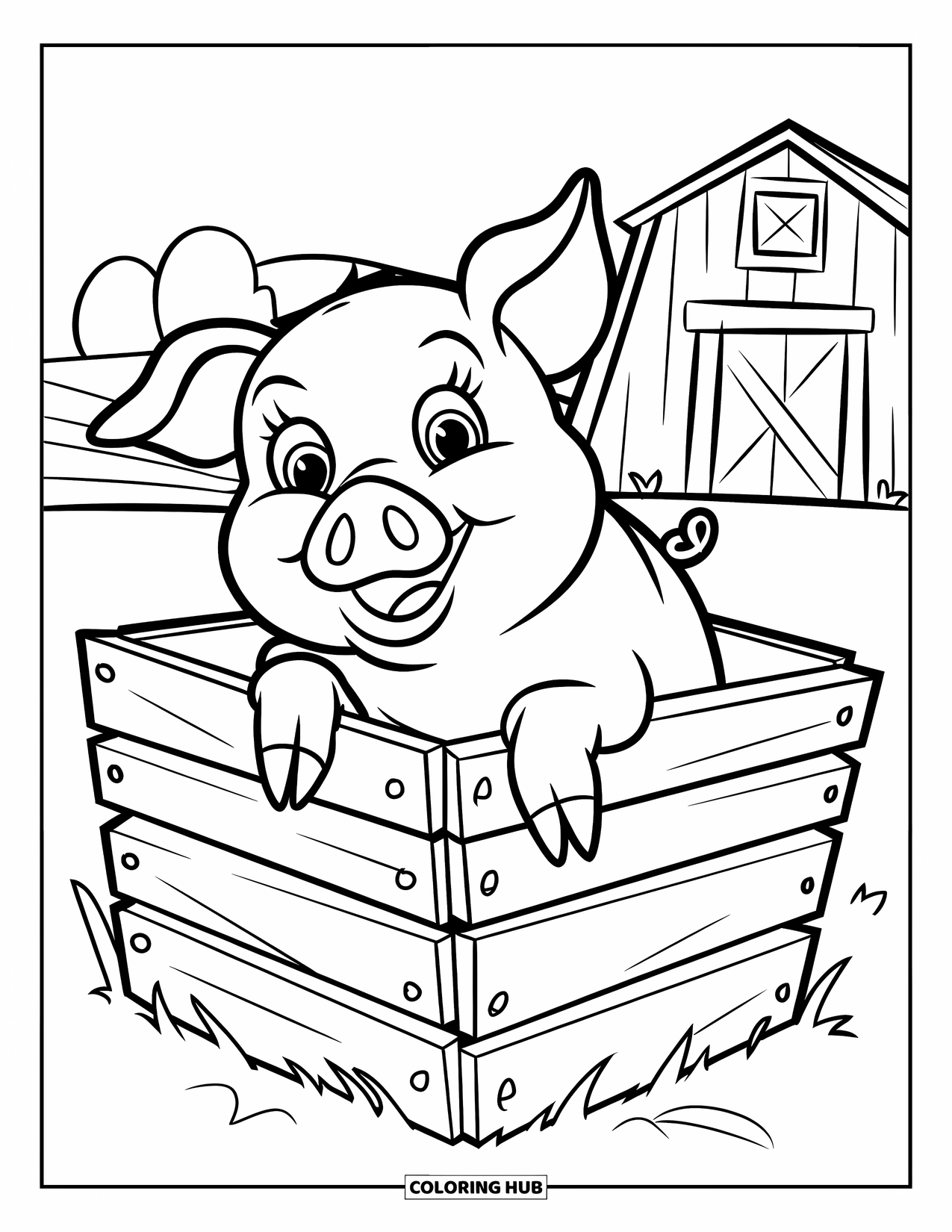 Pig Coloring Page for Kids: A smiling pig standing in a wooden pen with a barn and trees behind it