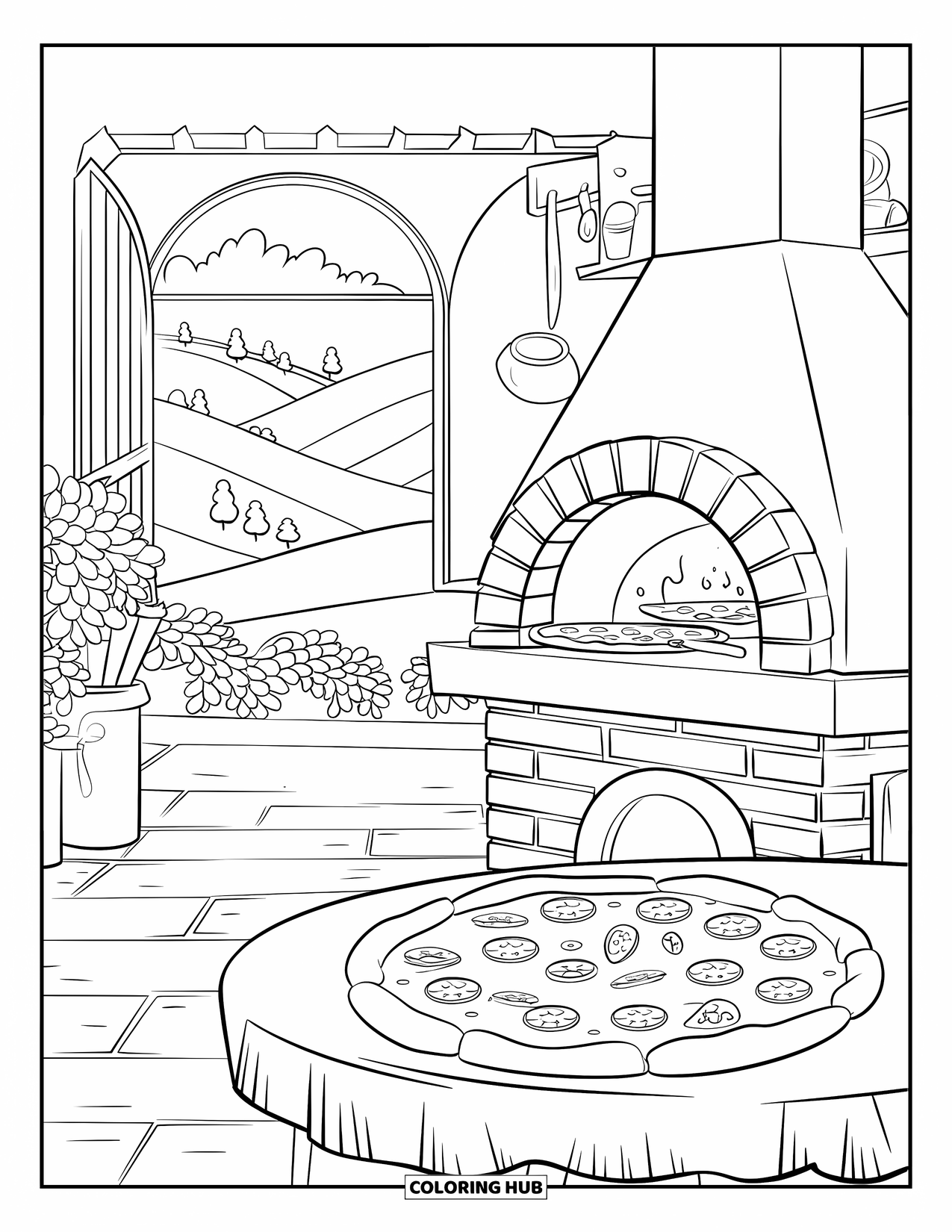 Pizza Coloring Page for Adults: A charming Italian pizzeria with a brick oven, rolling hills view, and a cozy atmosphere