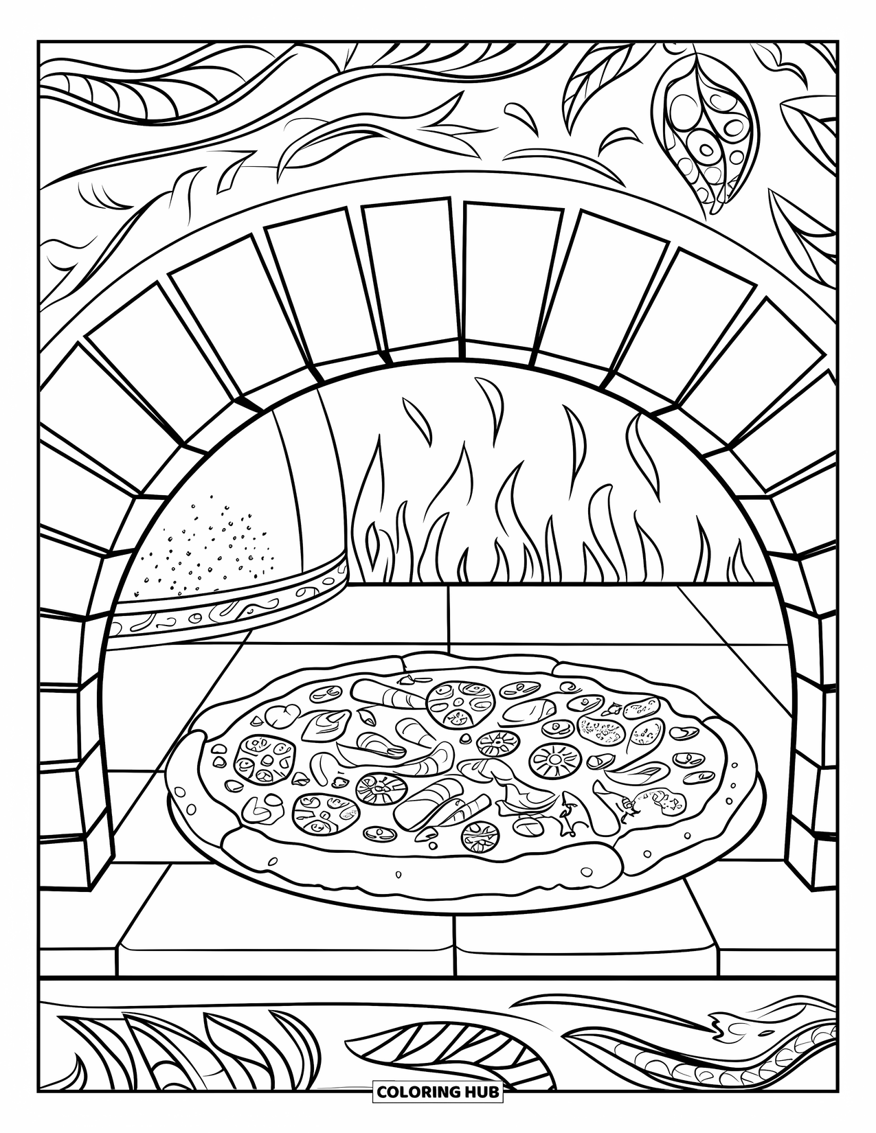 Pizza Coloring Page for Adults: A close-up of a bubbling pizza inside a rustic brick oven with a flickering fire