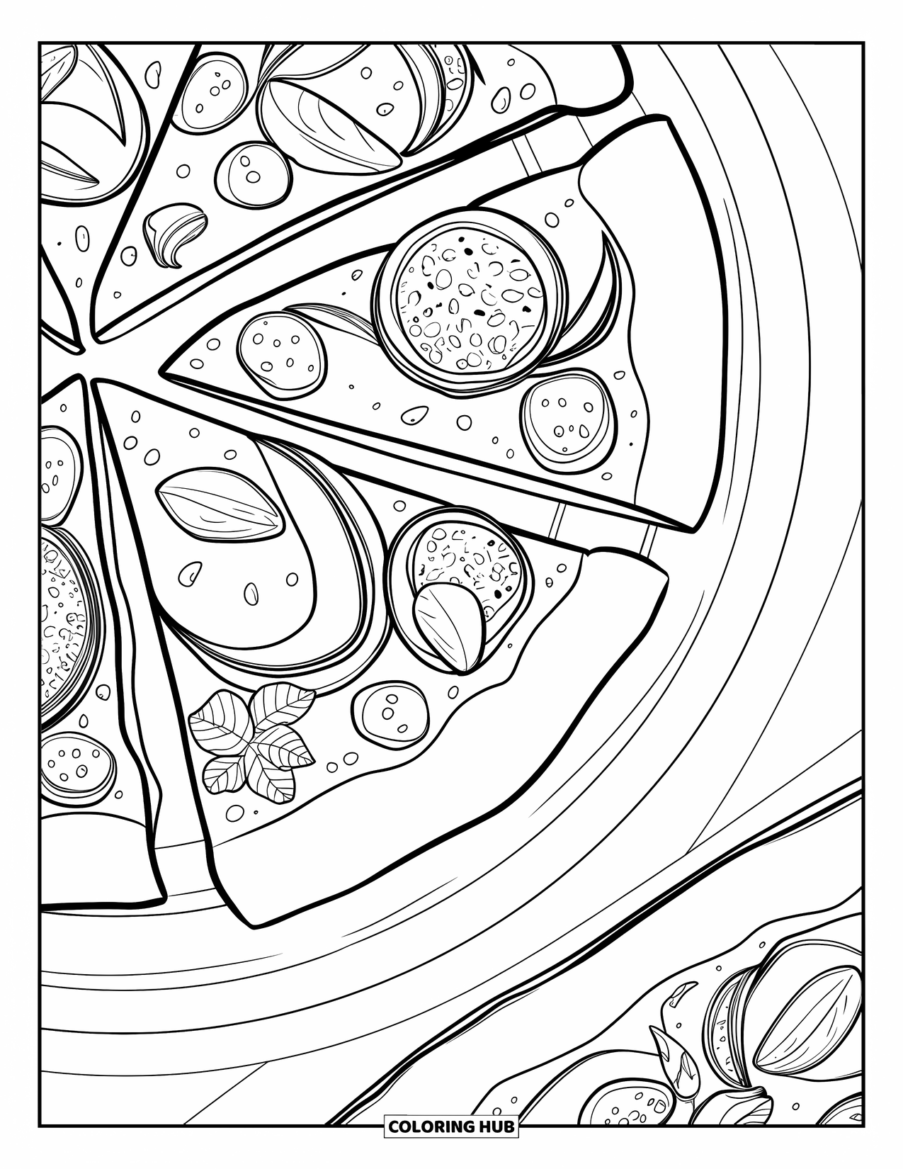 Pizza Coloring Page for Adults: A close-up of a pizza slice with artistic toppings, capturing each ingredient in bold detail