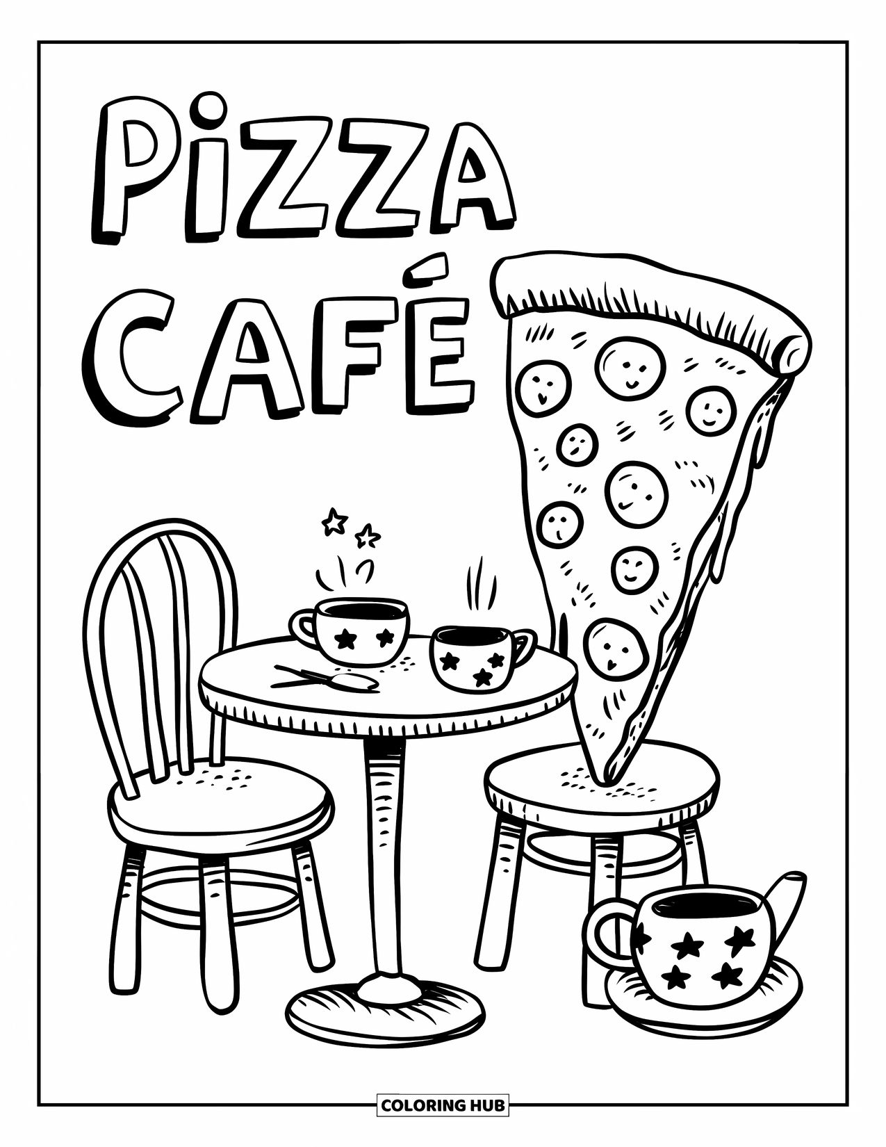 Pizza Coloring Page for Adults: A cozy pizza café with an adorable tea set, a pizza slice chair, and a few charming decorations