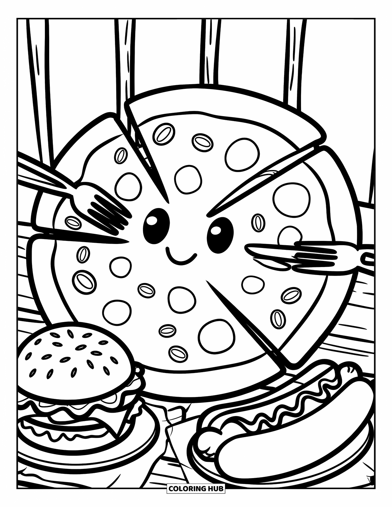 Pizza Coloring Page for Adults: A cute pizza character with a fork and knife, next to a cheeseburger and hot dog on a table